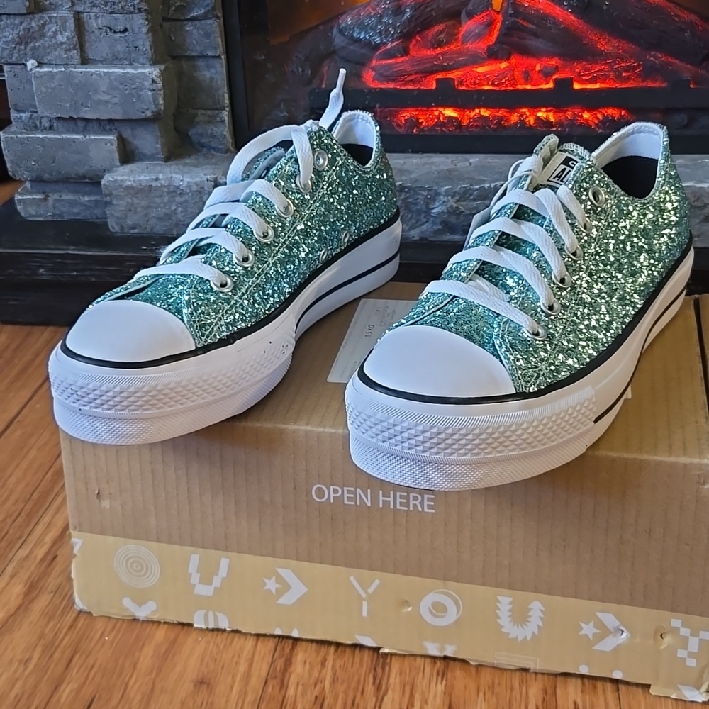 Converse Glitter Low-Top Platform Sneakers in Sparkling Teal 8.5 EXTRA CUSHION